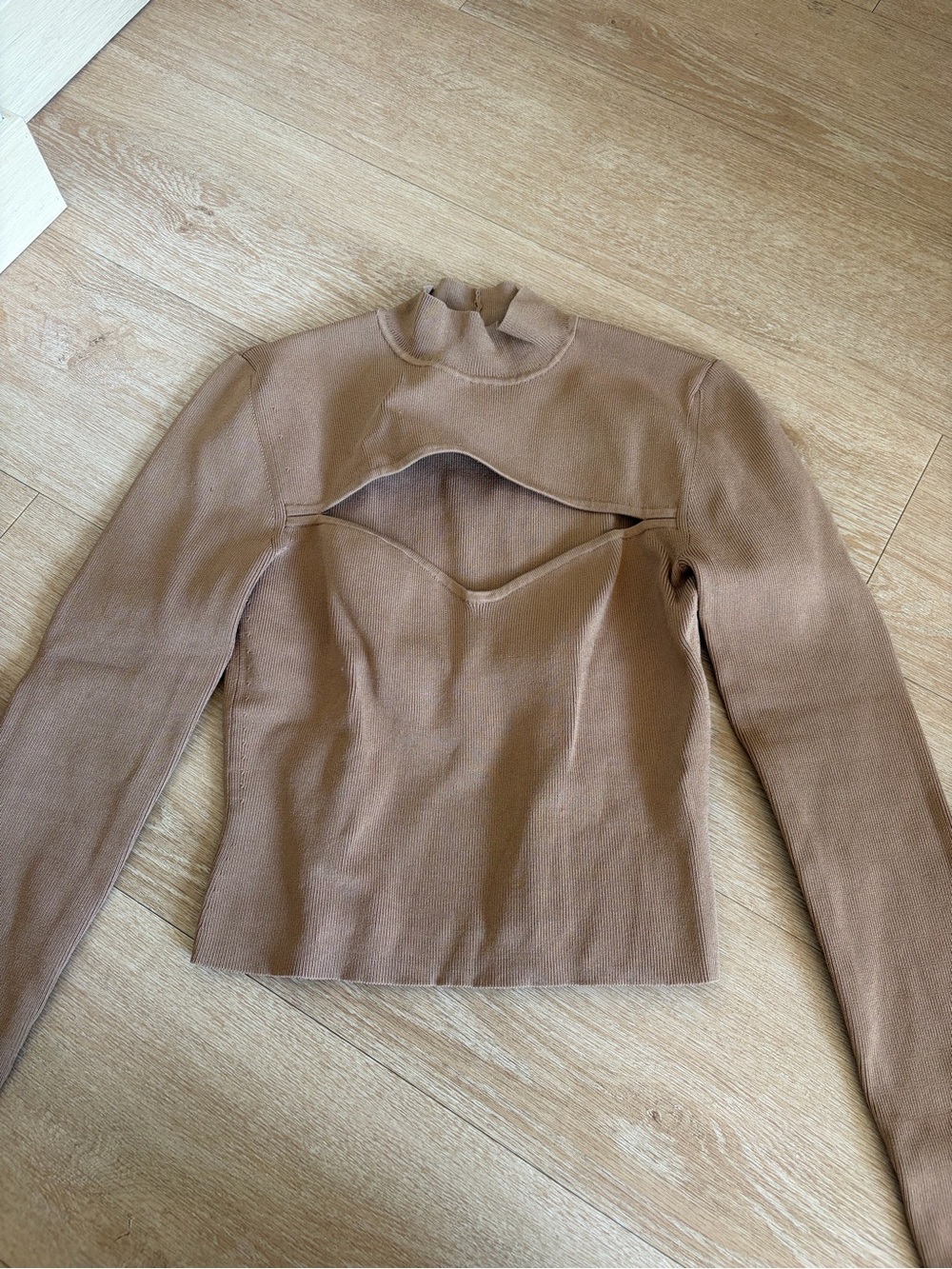 Aritzia Taupe Cutout Long-Sleeve Mock Neck Top